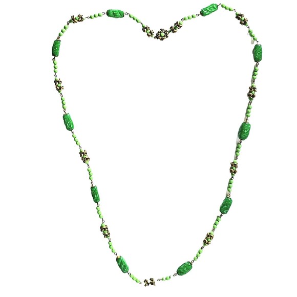 Art Deco Jadeite Beaded Necklace 36" Gold Tone VTG VGC! - Picture 3 of 10